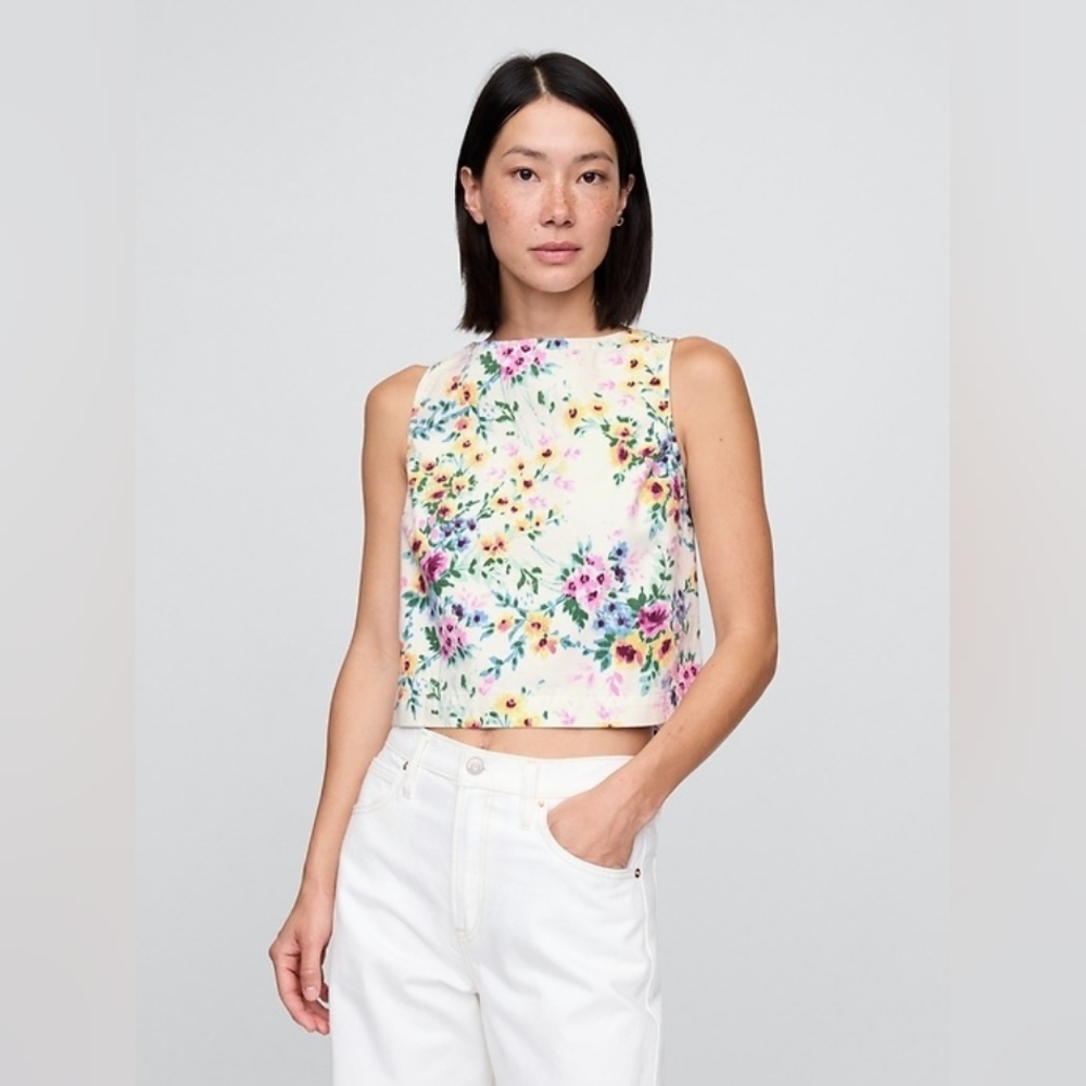 GAP denim floral crop shell tank